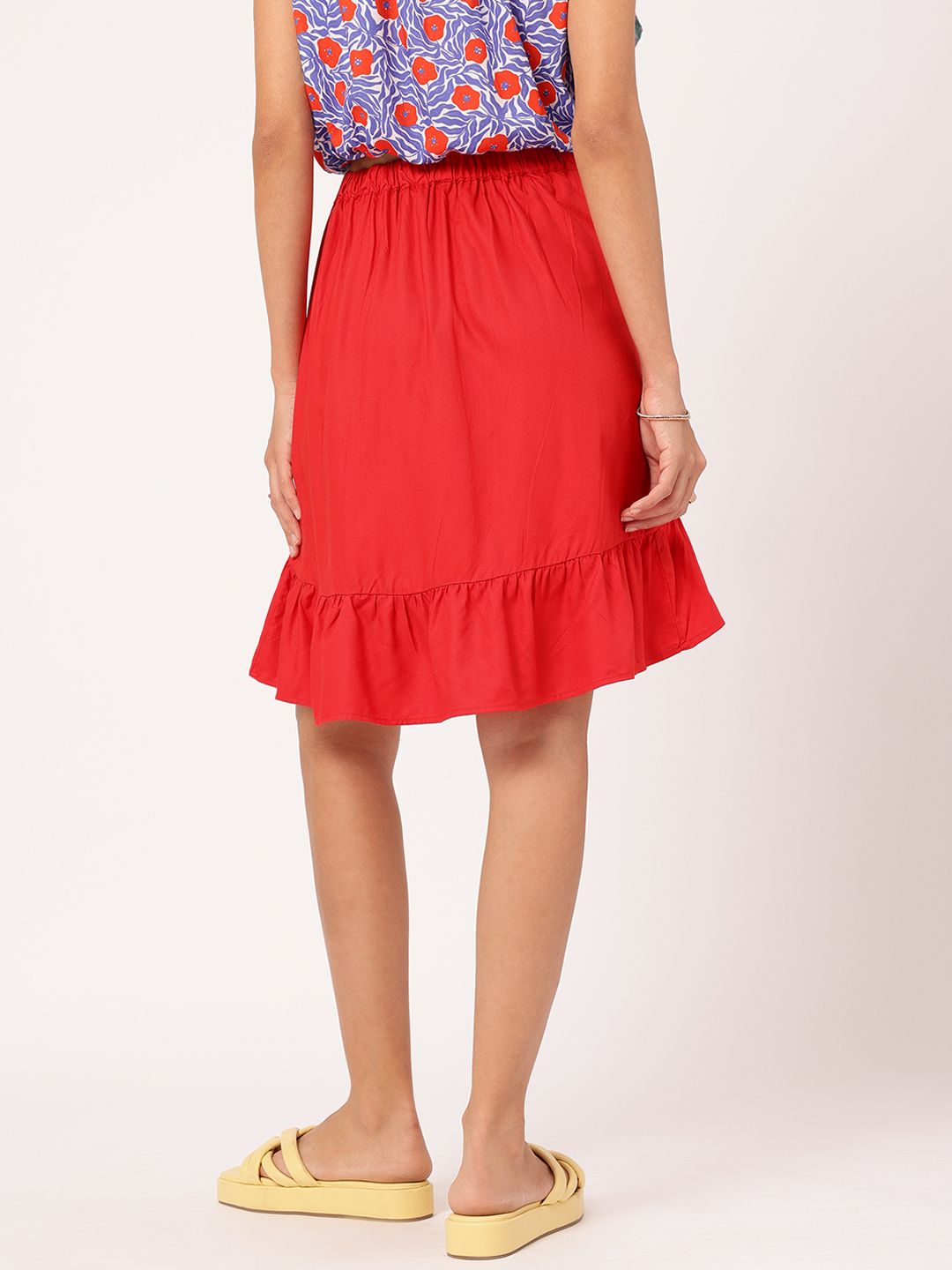 DressBerry Bold Blood-Red Asymmetric Flounce Hem Mini Skirt