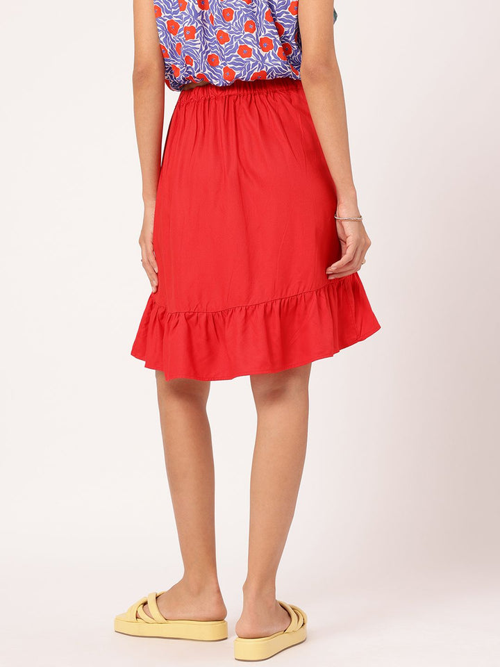 DressBerry Bold Blood-Red Asymmetric Flounce Hem Mini Skirt