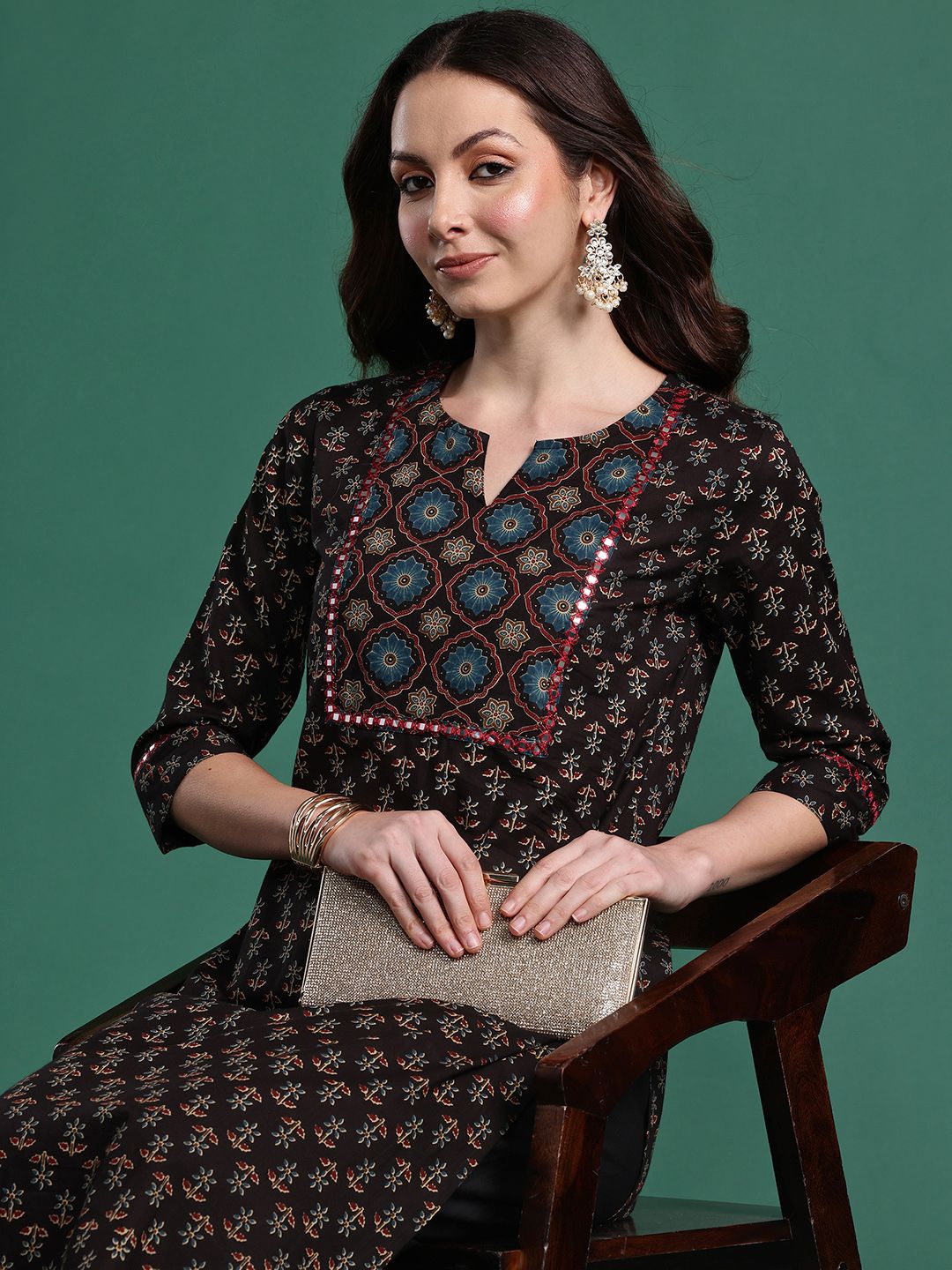 Indo Era Women Floral Printed Mirror Work Pure Cotton Kurta