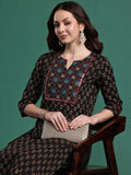 Indo Era Women Floral Printed Mirror Work Pure Cotton Kurta