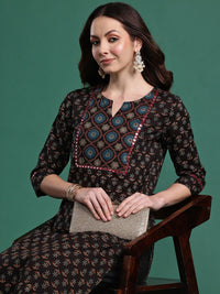 Indo Era Women Floral Printed Mirror Work Pure Cotton Kurta