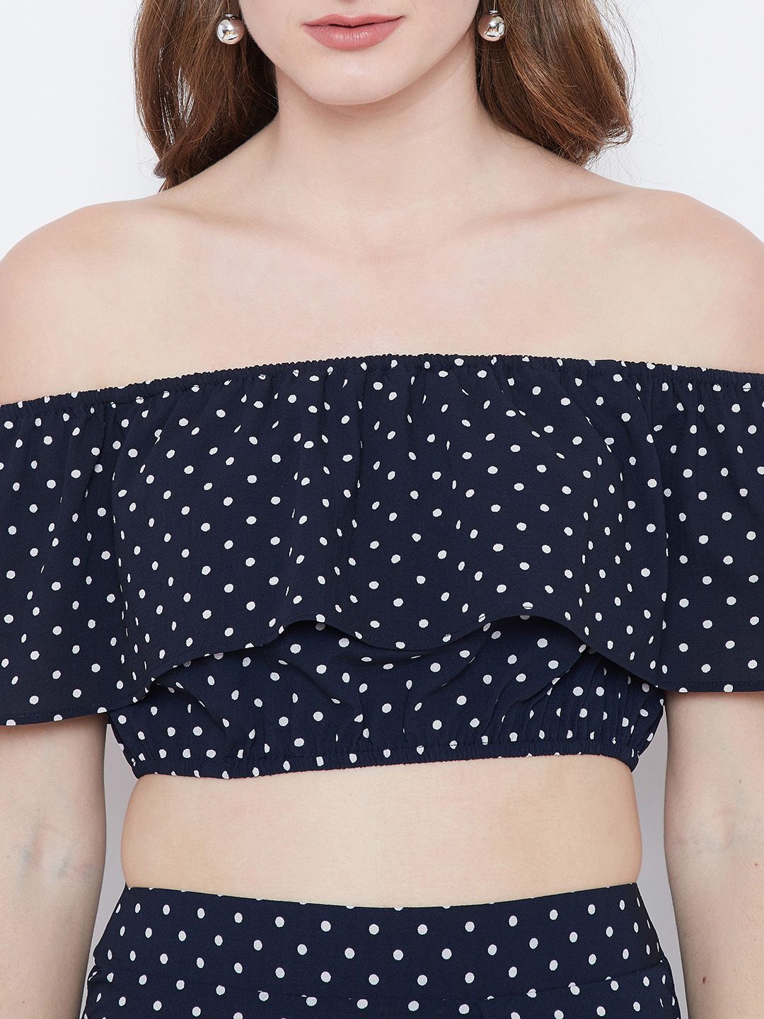 Berrylush Navy Blue Polka Dot Print Two-Piece Bardot Dress
