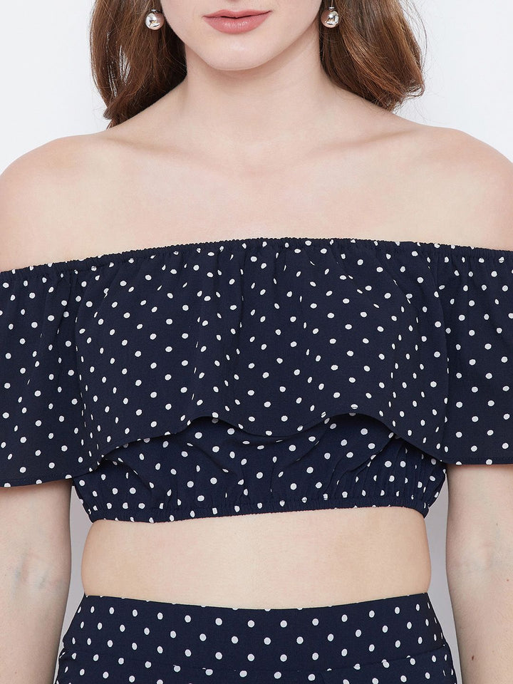 Berrylush Navy Blue Polka Dot Print Two-Piece Bardot Dress
