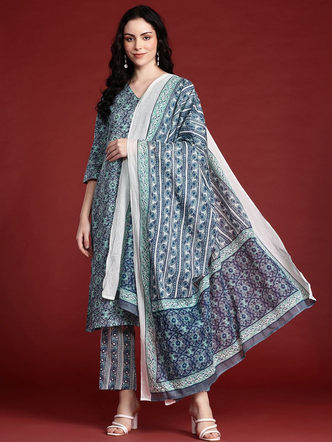 Anouk Ethnic Motifs Printed Pure Cotton Kurta with Trousers & With Dupatta