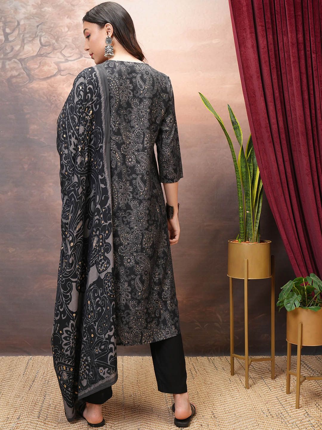 Vishudh Black Paisley Printed Sequinned Straight Kurta With Trousers & Dupatta