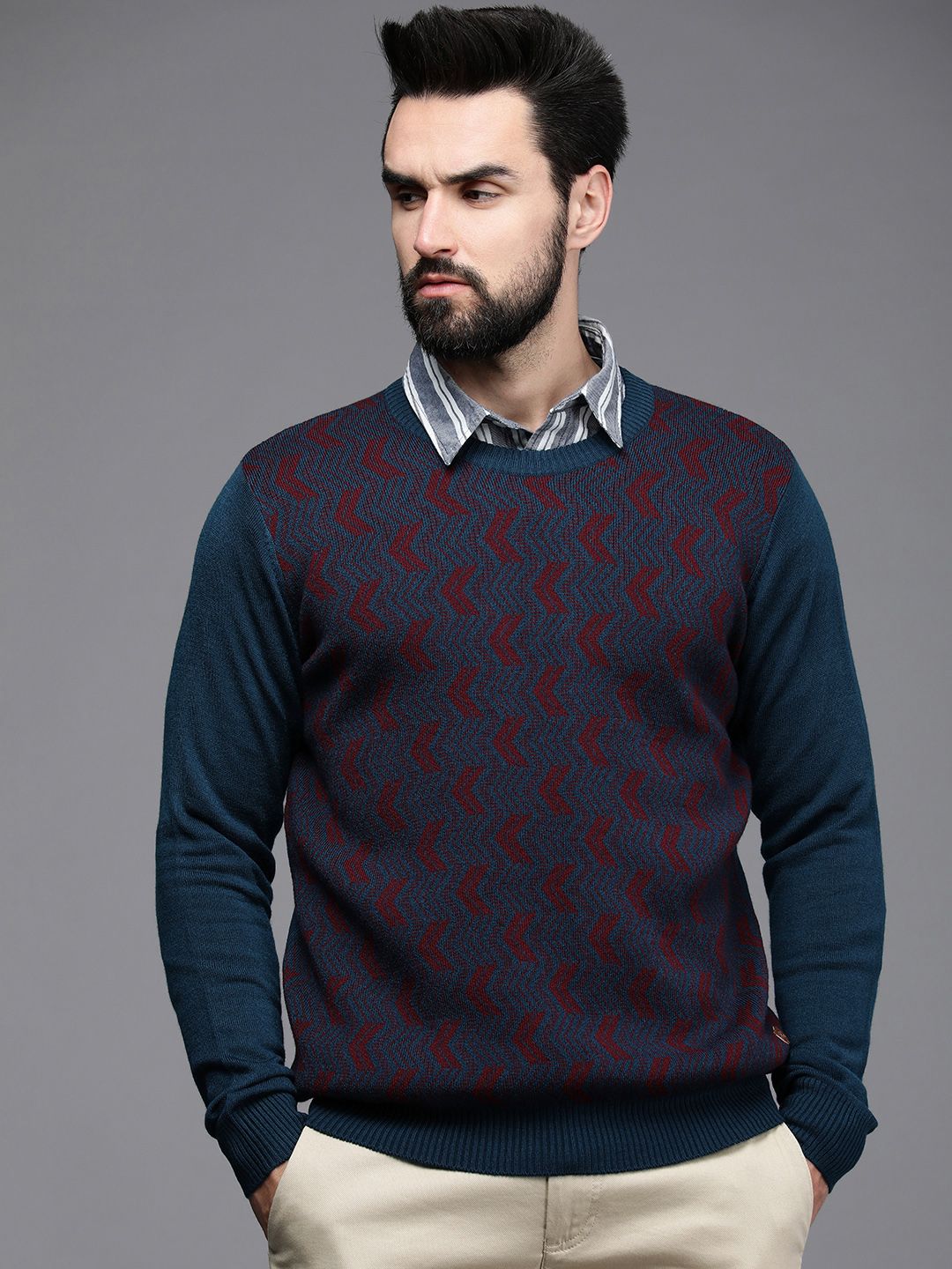 Raymond Men Teal Blue & Burgundy Chevron Printed Pullover