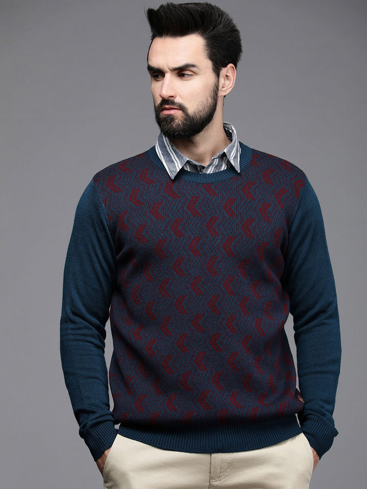 Raymond Men Teal Blue & Burgundy Chevron Printed Pullover