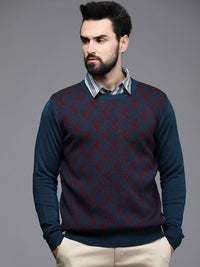 Raymond Men Teal Blue & Burgundy Chevron Printed Pullover