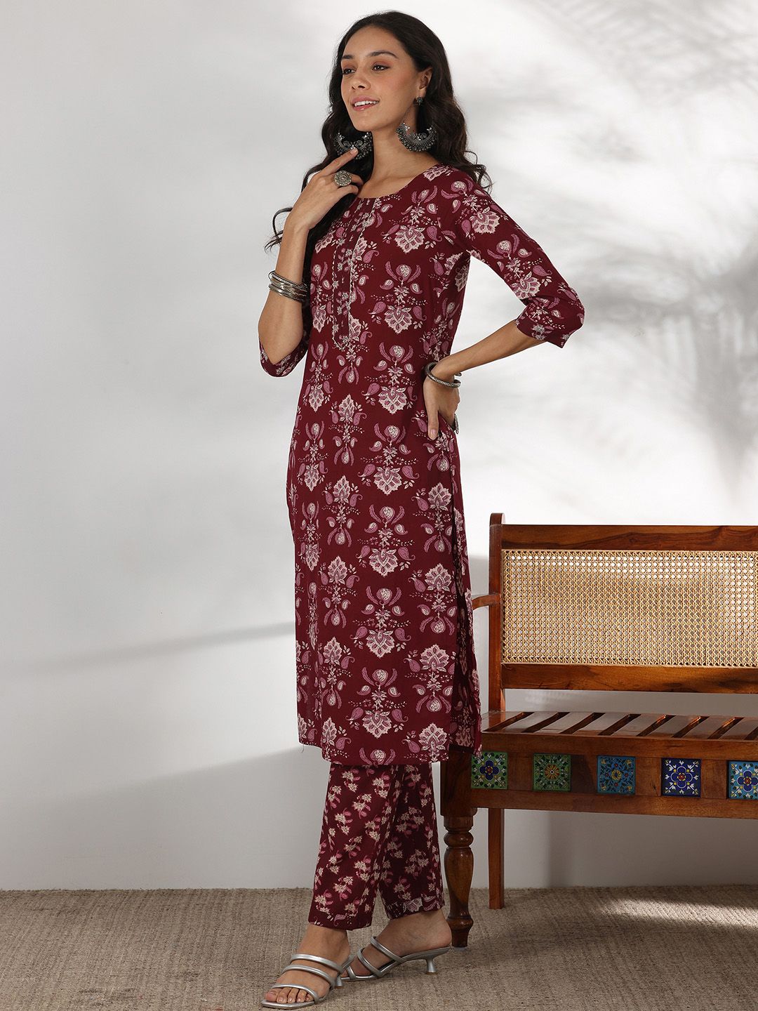 Libas Floral Printed Gotta Patti Pure Cotton Straight Kurta with Trouser & Dupatta