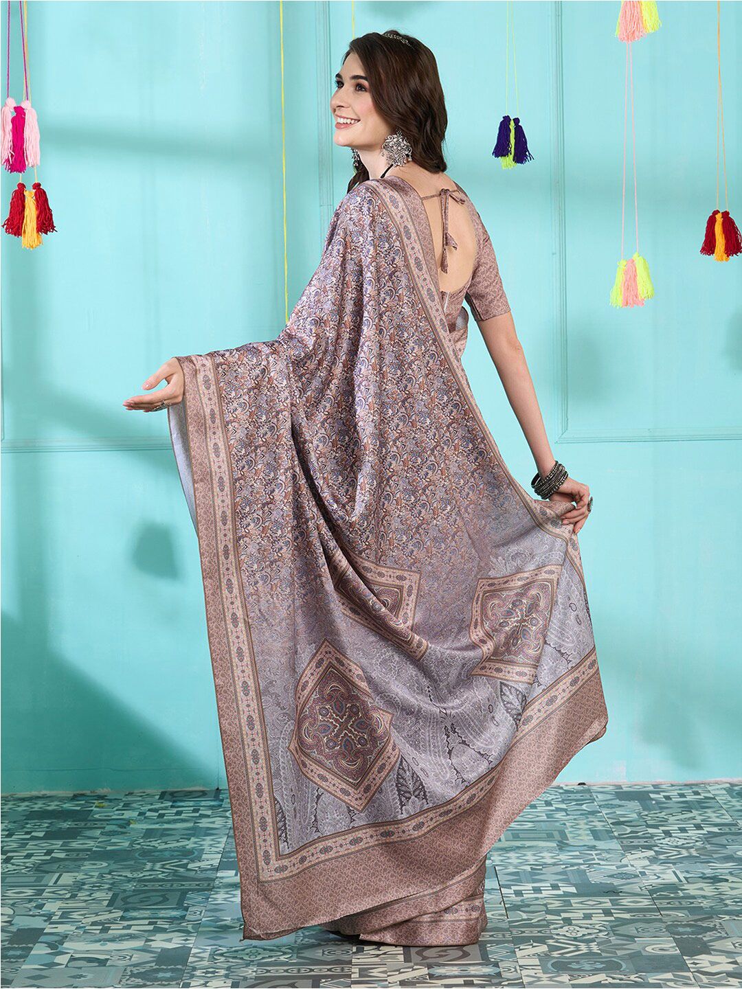 Saree mall Navy Blue & Mauve Ethnic Motifs Printed Pashmina Sarees