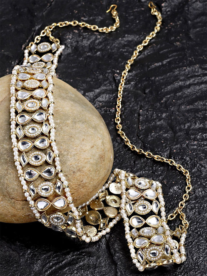 Karatcart Gold-Plated White Kundan-Studded & Pearl Beaded Waist Chain