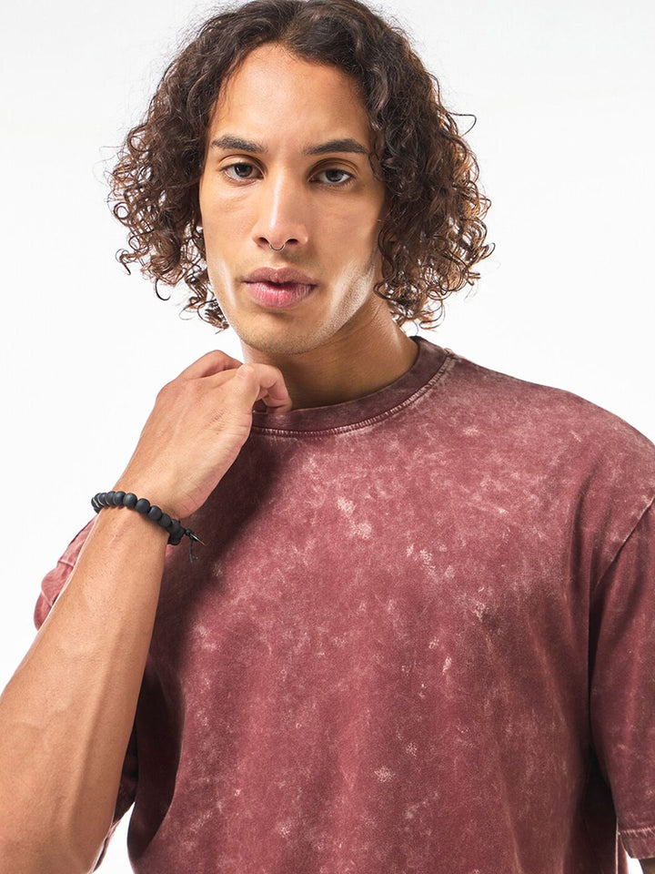 Bewakoof Red Oversized Cotton Acid Wash T-shirt