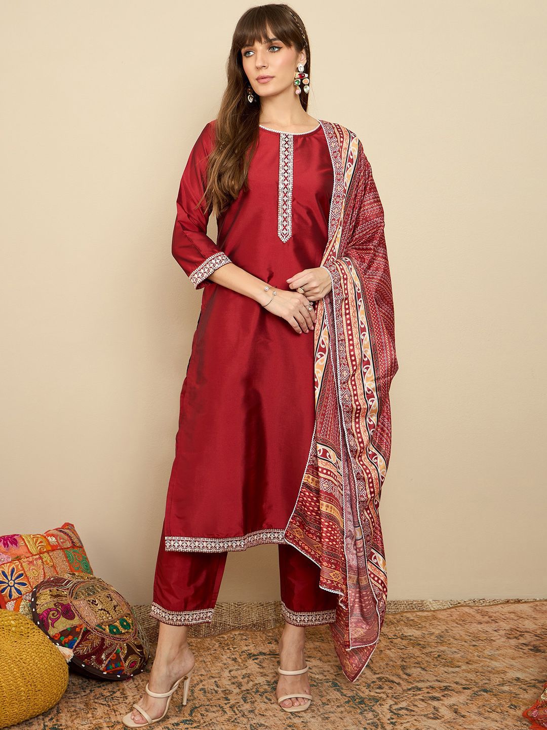 Indo Era Straight Sequinned Kurta with Trousers & Dupatta