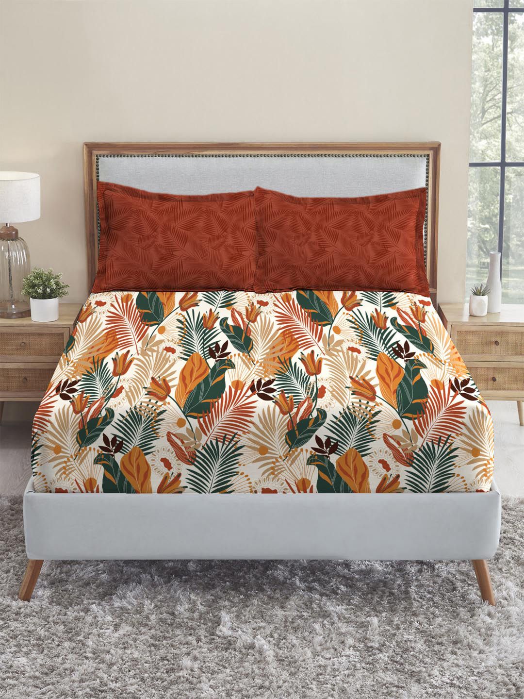 MYTRIDENT Urban Comfort White Floral Cotton 144 TC Queen Bedsheet with 2 Pillow Covers
