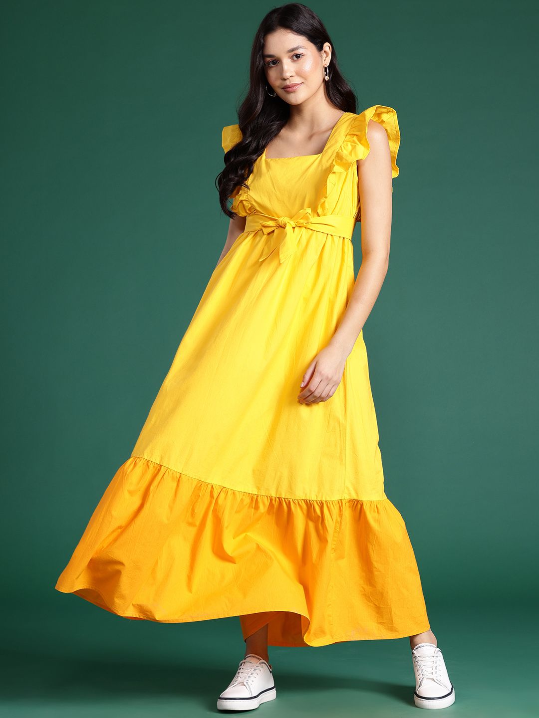 DressBerry Pure Cotton Colourblocked Ruffled Tiered Fit & Flare Maxi Dress with Bow Detail