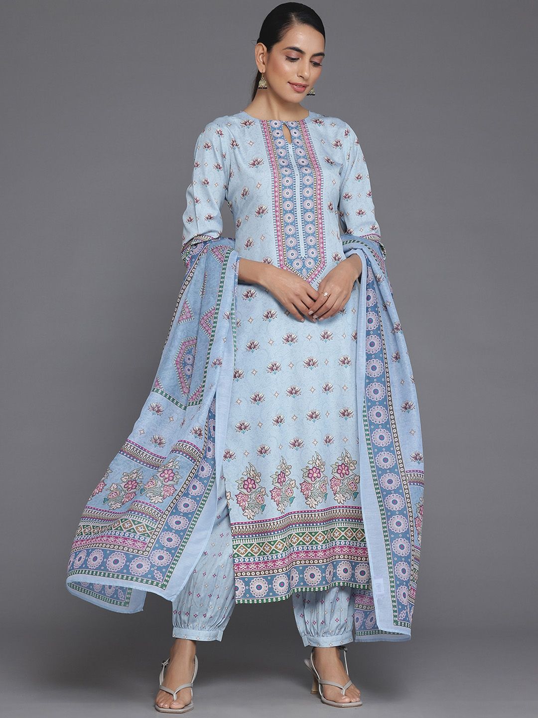 Libas Blue Floral Printed Keyhole Neck Straight Kurta With Salwar & Dupatta