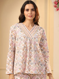 SANSKRUTIHOMES Off White & Pink Ethnic Motifs Printed Pure Cotton Night Suit