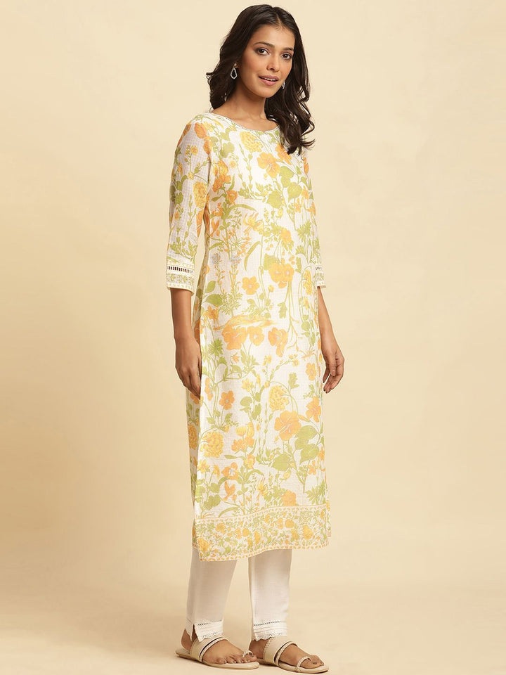 W Floral Printed Keyhole Neck Straight Kurta
