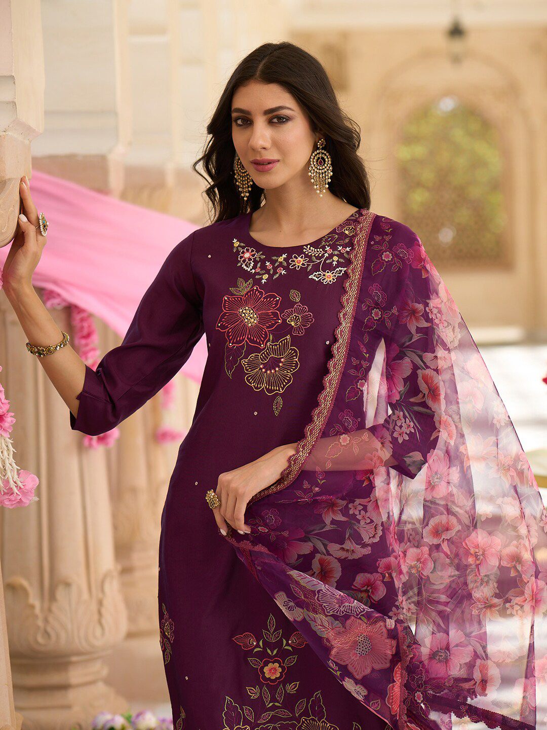 Indo Era Floral Embroidered Regular Thread Work Kurta With Trousers & Dupatta