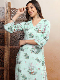 Vishudh Green Floral Printed Flared Sleeves Gotta Patti Straight Kurta