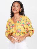 Global Desi Floral Printed Puff Sleeves Crop Blouson Top