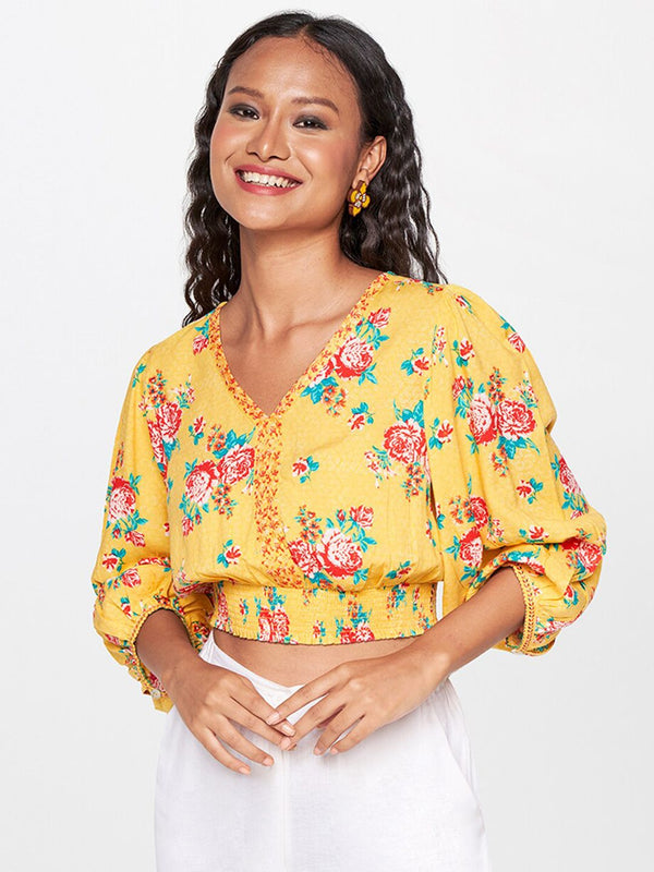 Global Desi Floral Printed Puff Sleeves Crop Blouson Top