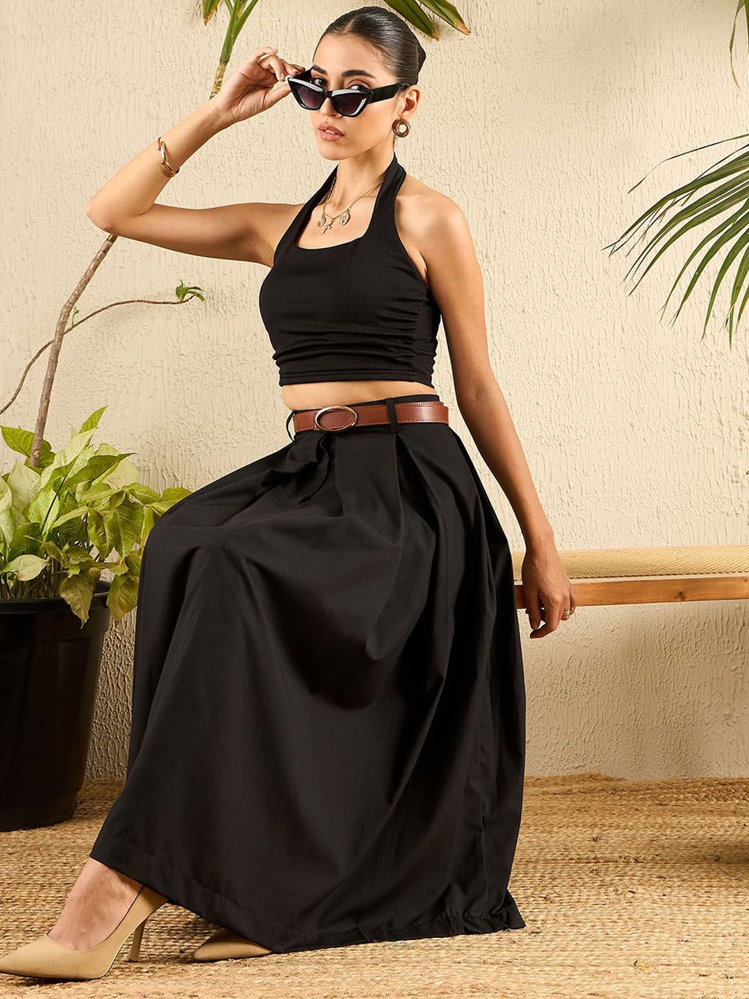 Kotak poplin kapas Uptownie skirt midi berlipat