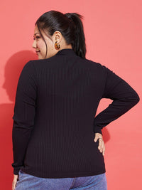 SASSAFRAS Curve Plus Size Black Knitted Rib Front Zipper Fitted Top