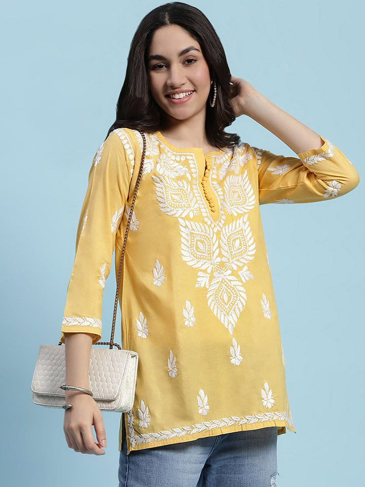 Rumah Chikankari Wanita Kapas Kuning Chikankari Sulam Kurti