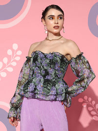 Berrylush Floral Print Off-Shoulder Georgette Peplum Top