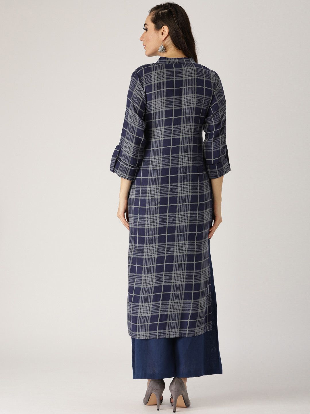 Libas Women Purple & Grey Checked Straight Kurta