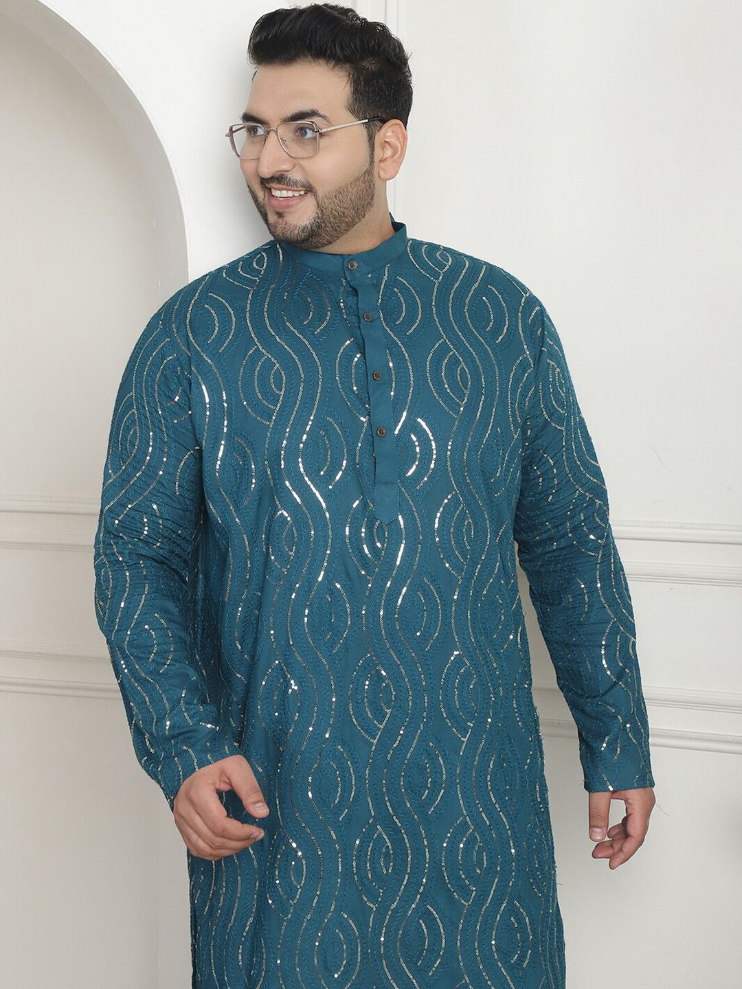 SOJANYA PLUS PLus Size Ethnic Motifs Embroidered Band Collar Long Sleeves Straight Kurta