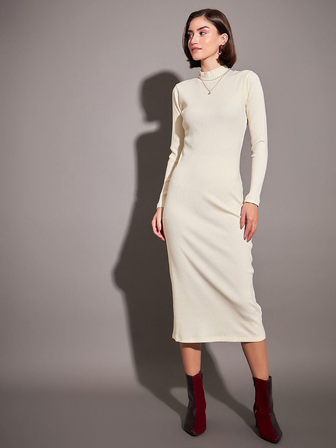 SASSAFRAS Off White Self Design High Neck Sheath Dress