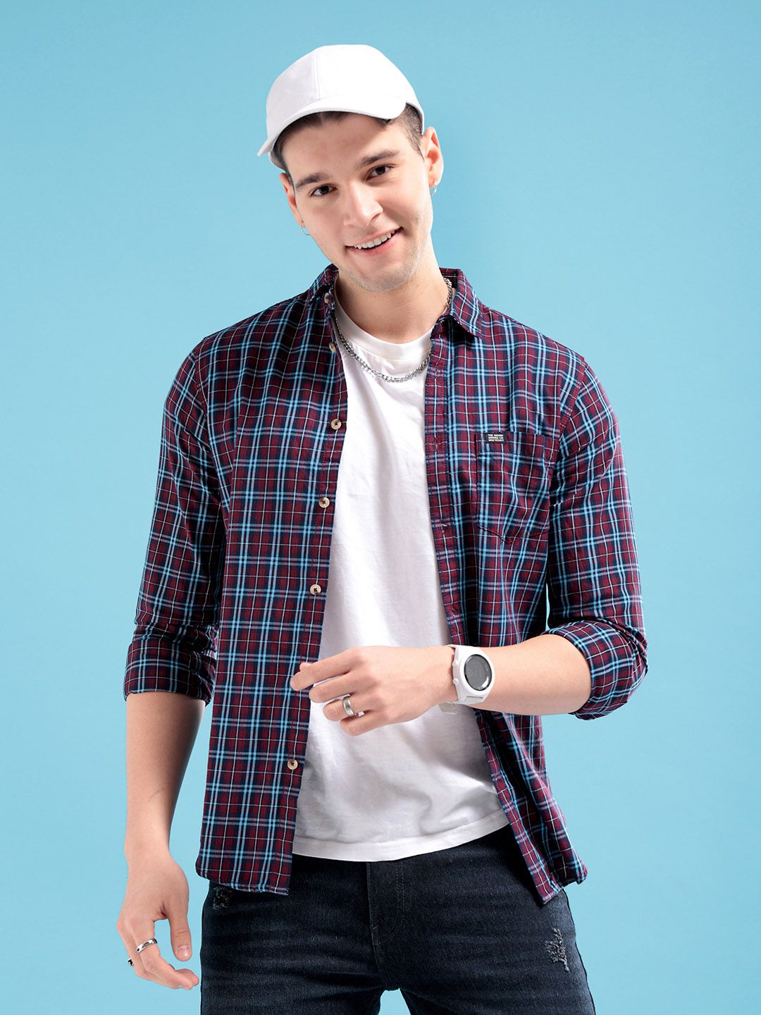 The Indian Garage Co Men Maroon & Blue Regular Fit Checked Casual Shirt