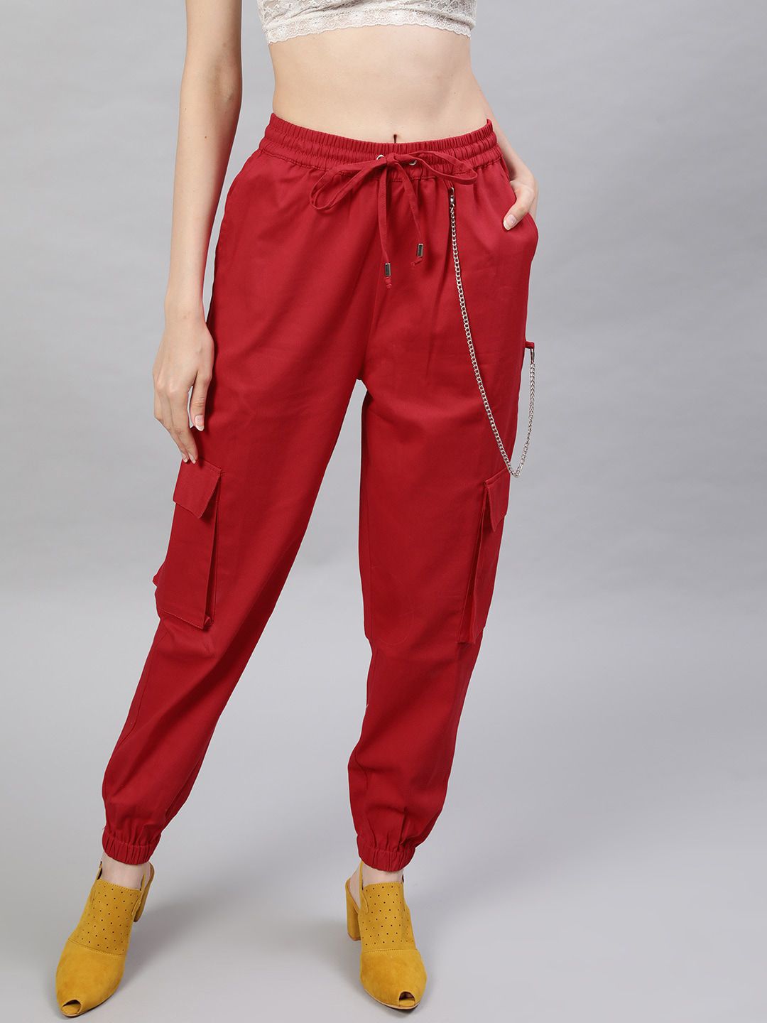 STREET 9 Women Pure Cotton Red Twill Cargo With Chain