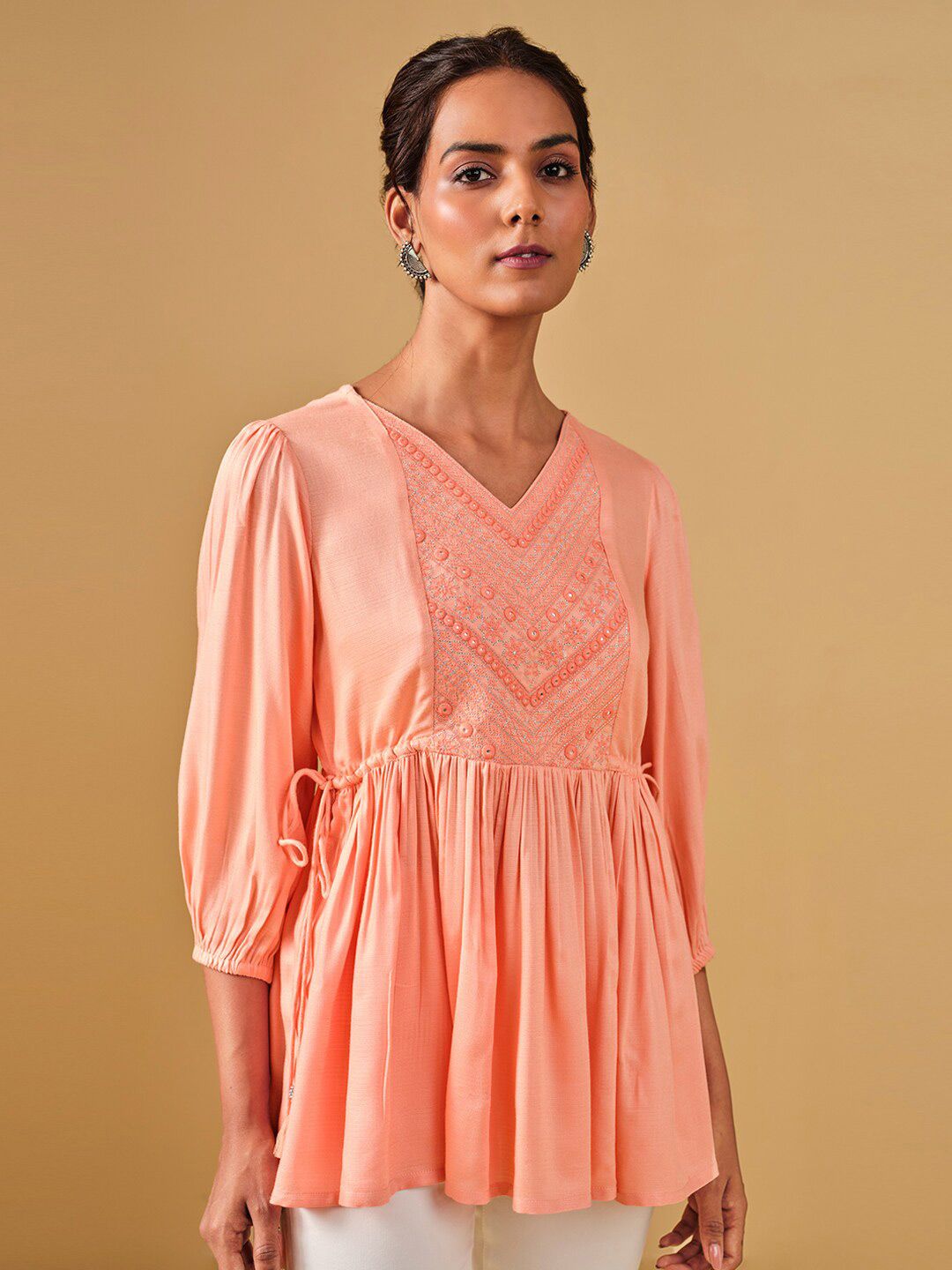 Global Desi Embroidered Puff Sleeves Gathered Top