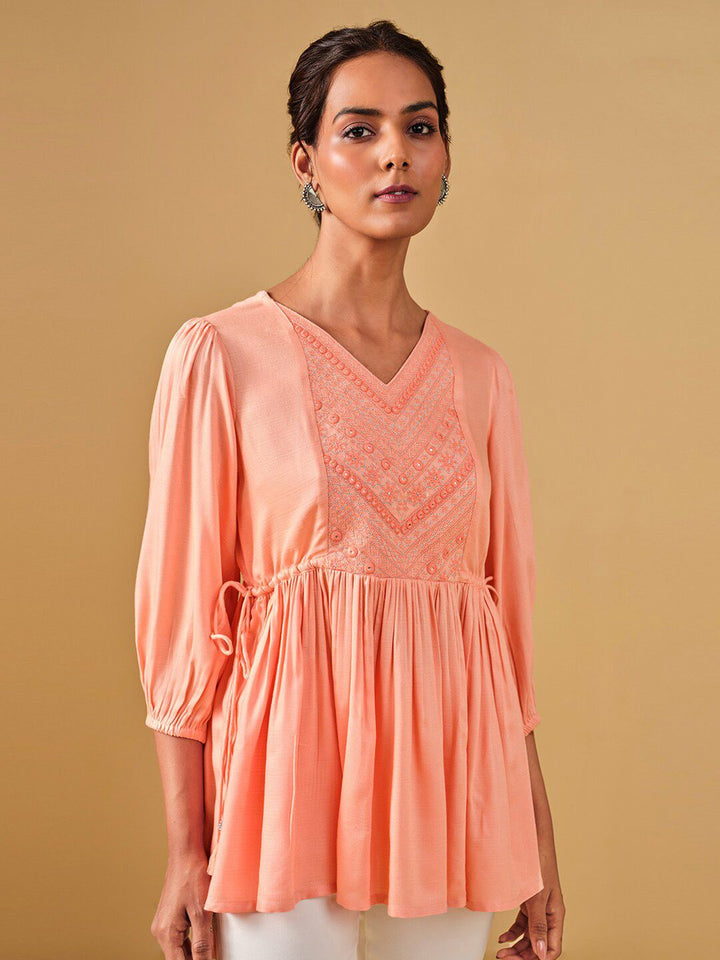 Global Desi Embroidered Puff Sleeves Gathered Top