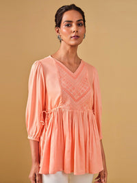 Global Desi Embroidered Puff Sleeves Gathered Top