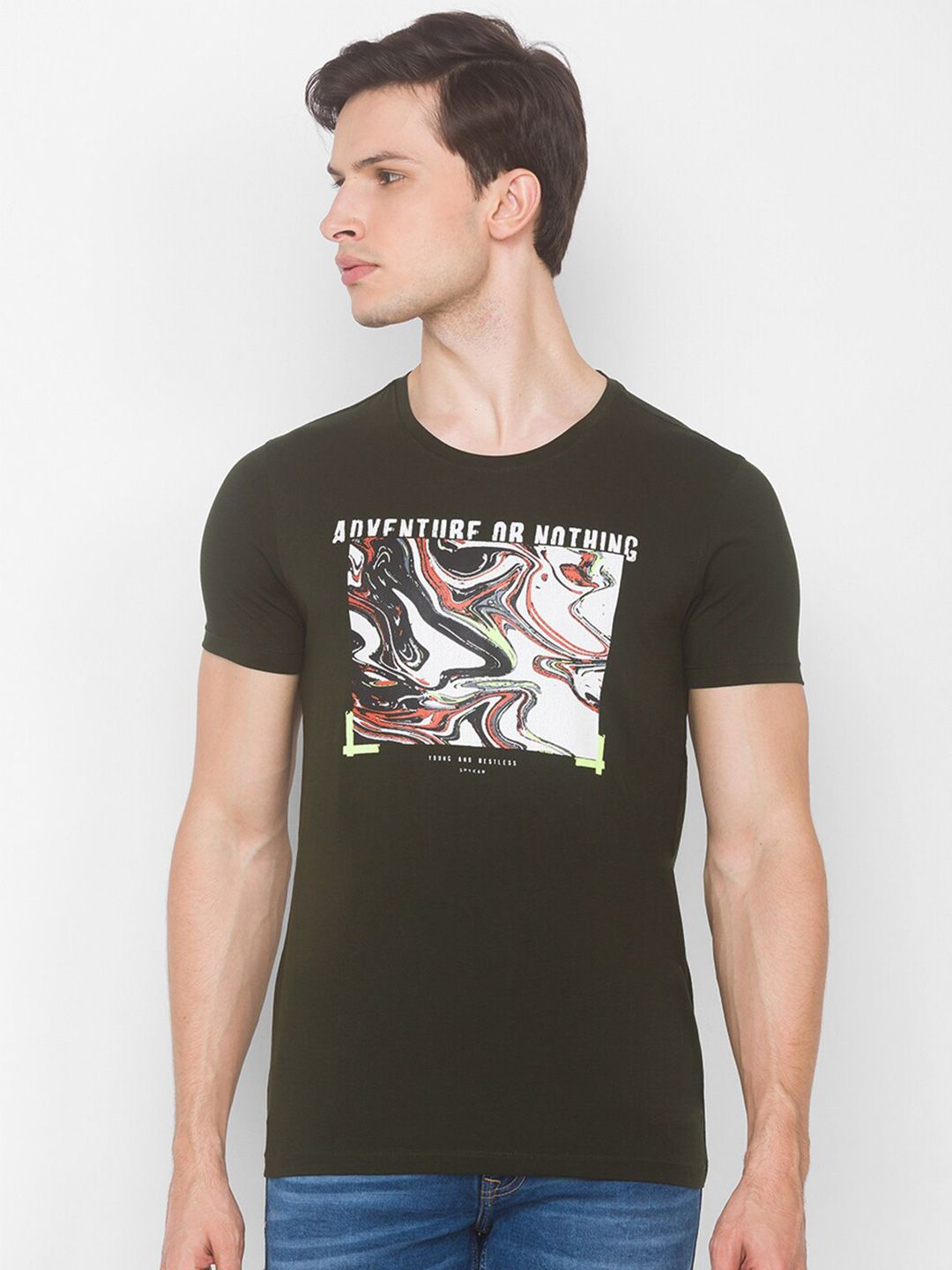 SPYKAR Men Green Printed Applique Slim Fit T-shirt