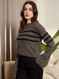 Berrylush Grey & Black Striped Acrylic Pullover Sweater
