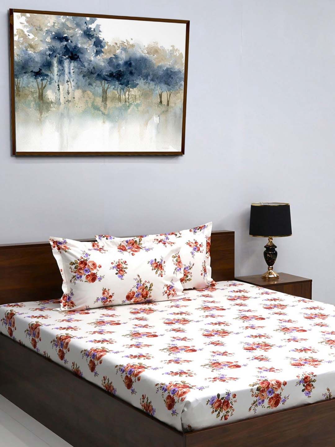 BOMBAY DYEING Rust & White Floral Pure Cotton 164 TC Queen Bedsheet With 2 Pillow Covers