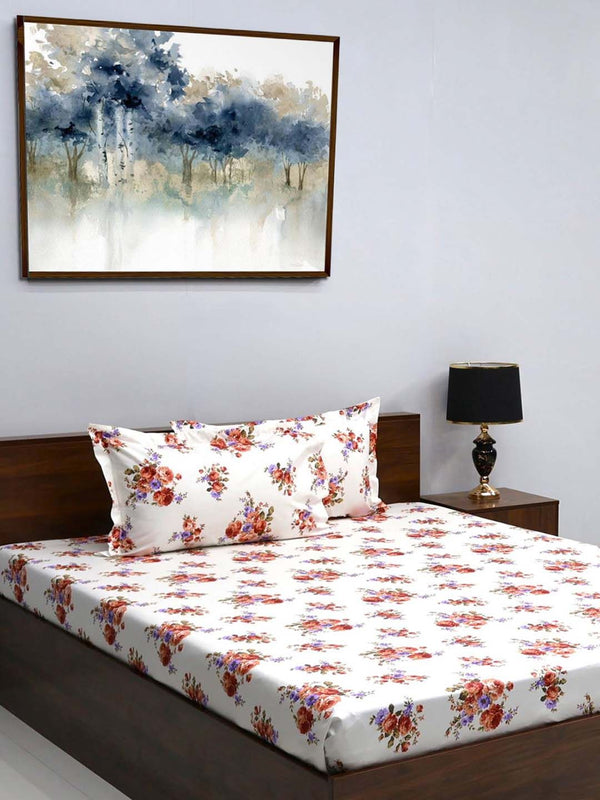 BOMBAY DYEING Rust & White Floral Pure Cotton 164 TC Queen Bedsheet With 2 Pillow Covers