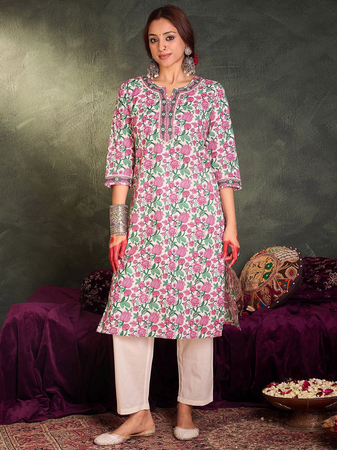 Indo Era Floral Printed Pure Cotton Straight Kurta With Trousers & Dupatta