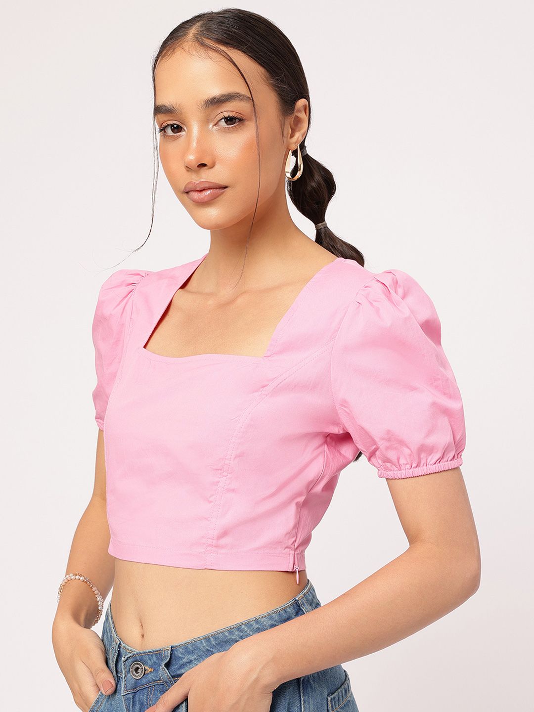 DressBerry Cute & Chic Blush Pink Square Neck Puff-Sleeve Crop Top