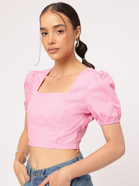 DressBerry Cute & Chic Blush Pink Square Neck Puff-Sleeve Crop Top