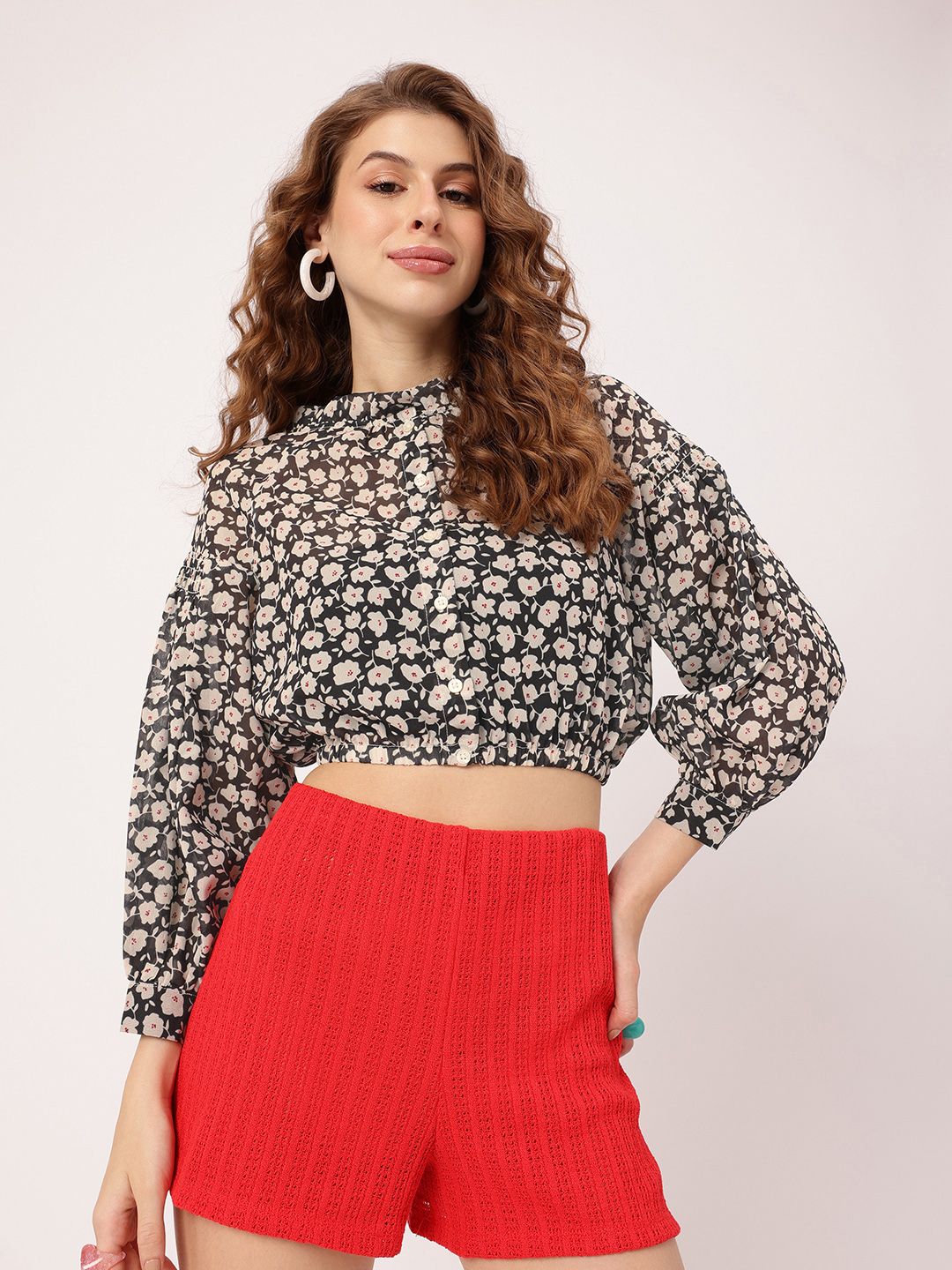 DressBerry Floral & Fabulous Holiday Fetish Printed Smocked Shirt Style Crop Top