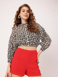 DressBerry Floral & Fabulous Holiday Fetish Printed Smocked Shirt Style Crop Top