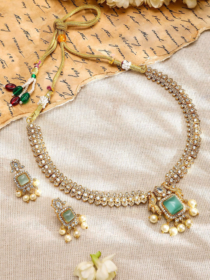 Rubans 22K Gold-Plated Aqua AD & White CubicZirconia Studded Jewellery Set with Pearl Drop