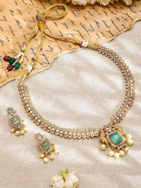 Rubans 22K Gold-Plated Aqua AD & White CubicZirconia Studded Jewellery Set with Pearl Drop