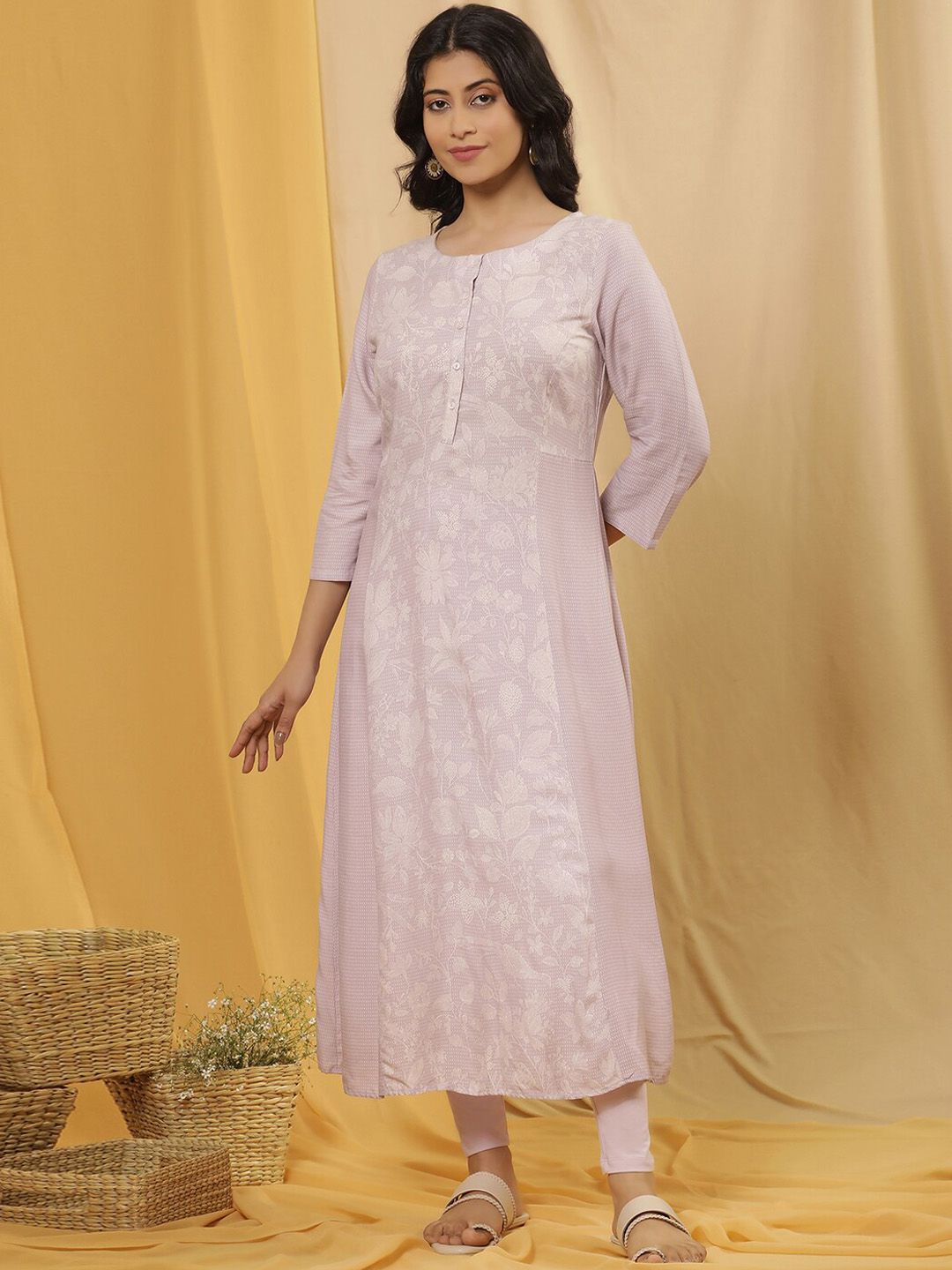 W Floral Printed Round Neck A-Line Kurta With Legging